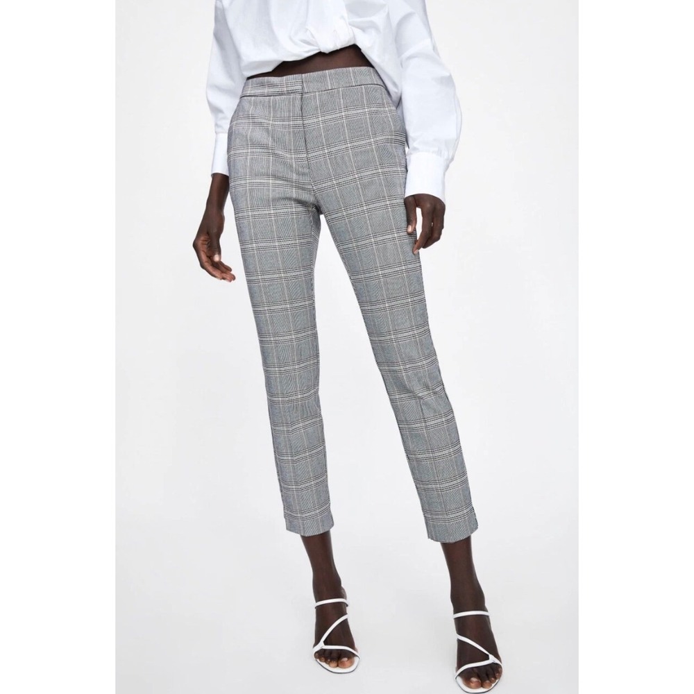 Zara Basic Grey Glen Plaid Jogger Waist Slim Cropped Trousers Pants Large NEW!